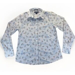 Lands End Women's 10 No Iron Supima Cotton White Floral Blouse Cottage Grandma